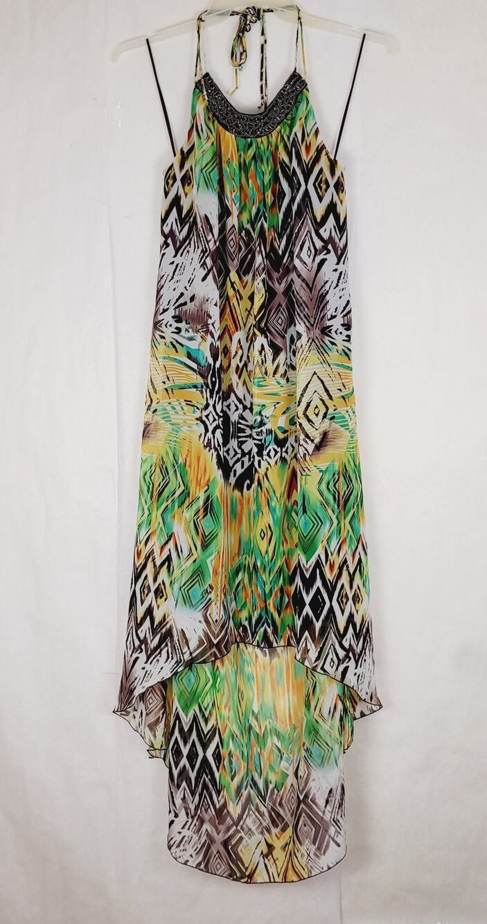 Allen B green brown geometric beaded hi lo halter dress Size 12 Boho Hippie 70s